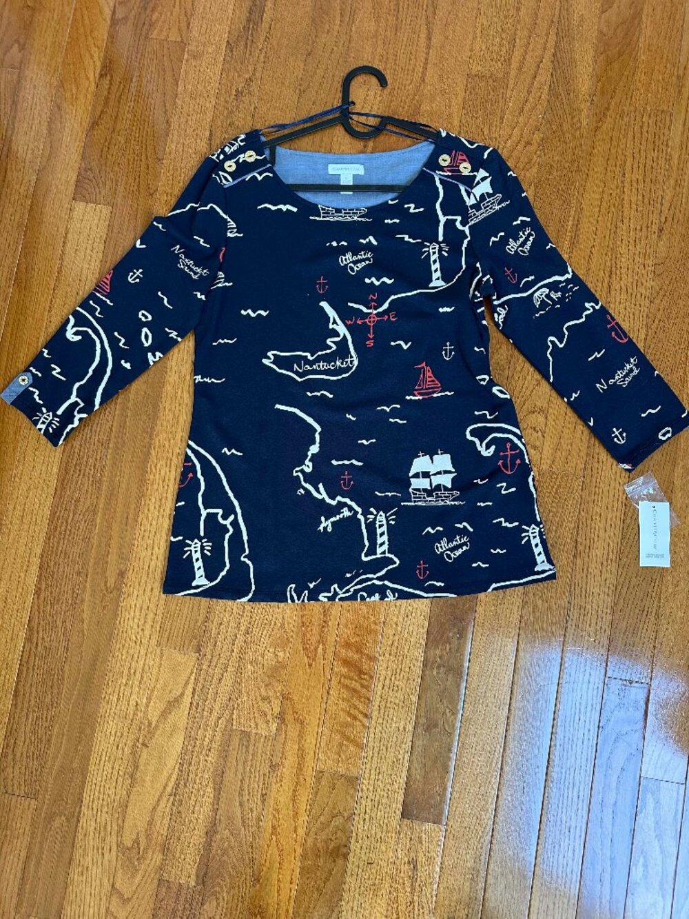 Charter Club Womens S Navy White Cape Cod Nantucket 3/4 Sleeve Round Neck Shirt